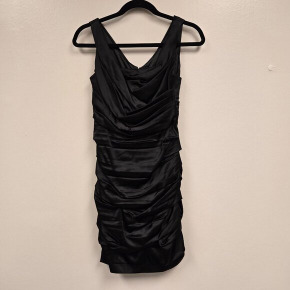 Vintage Express Y2K Women's sz 2 Black Ruched Bodycon Silk Cocktail Dress Sleeve - Picture 3 of 15